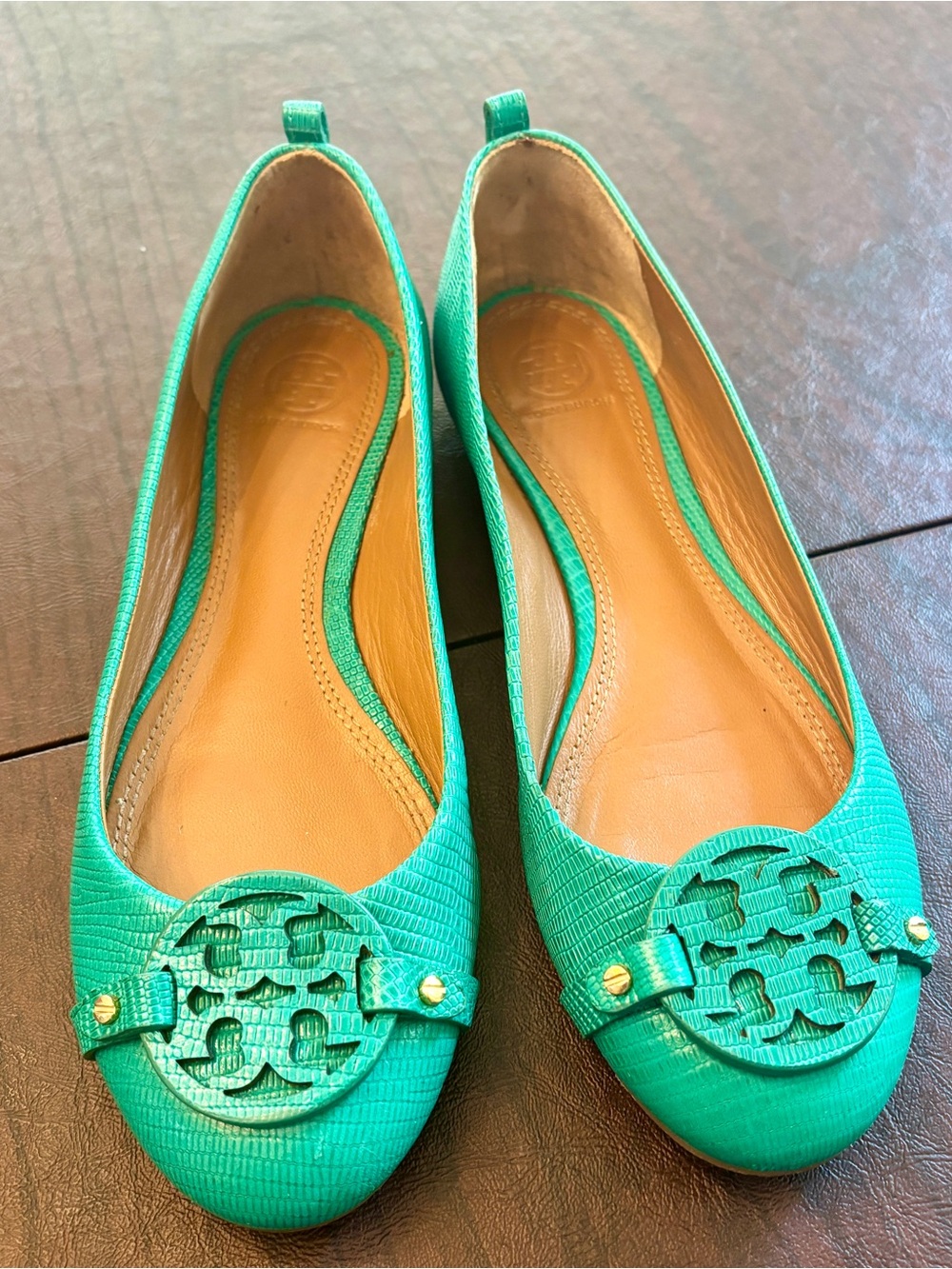 Tory Burch Mini Miller Teal Embossed Leather Ballet Flats with Logo Medallion